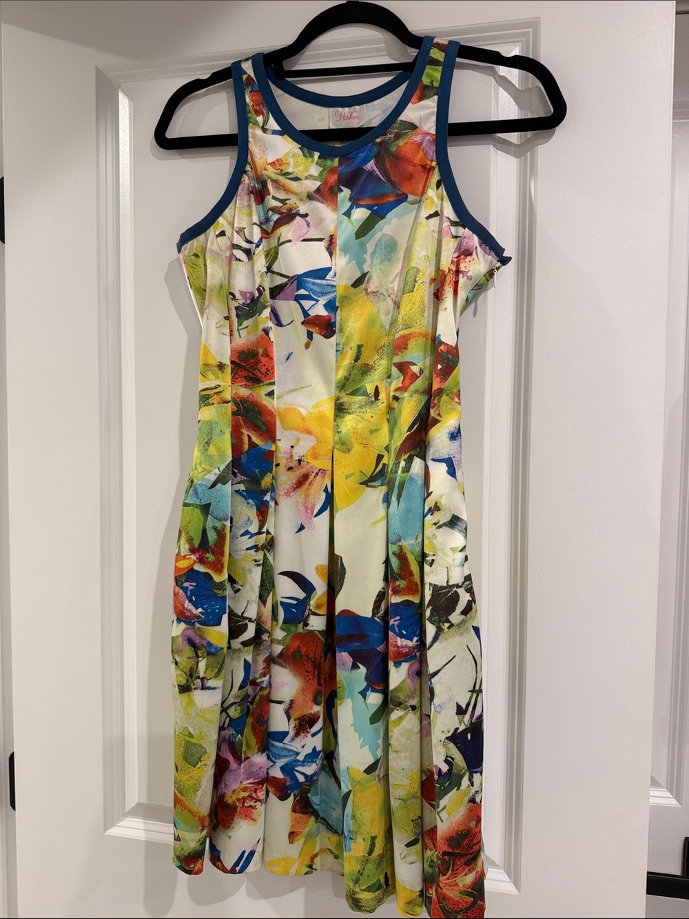 Parker Multicolor Floral Tank Dress with Navy Trim